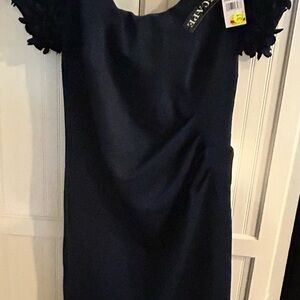 Xscape Navy Dress with Floral Off the shoulder Sleeves size 18W.